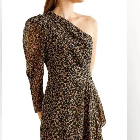 Iro Morello One Shoulder Dress Mini Silk Satin Cheetah Brown Black Print Size 4 - Picture 2 of 13